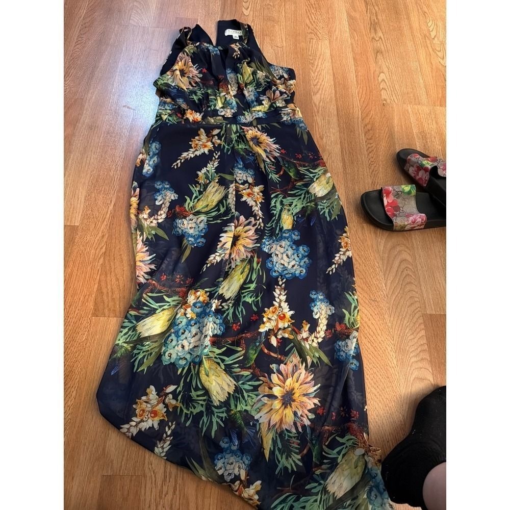 SOHO Apparel LTD Floral Maxi Dress Navy Blue Halter Keyhole Petite 8P Sunflowers